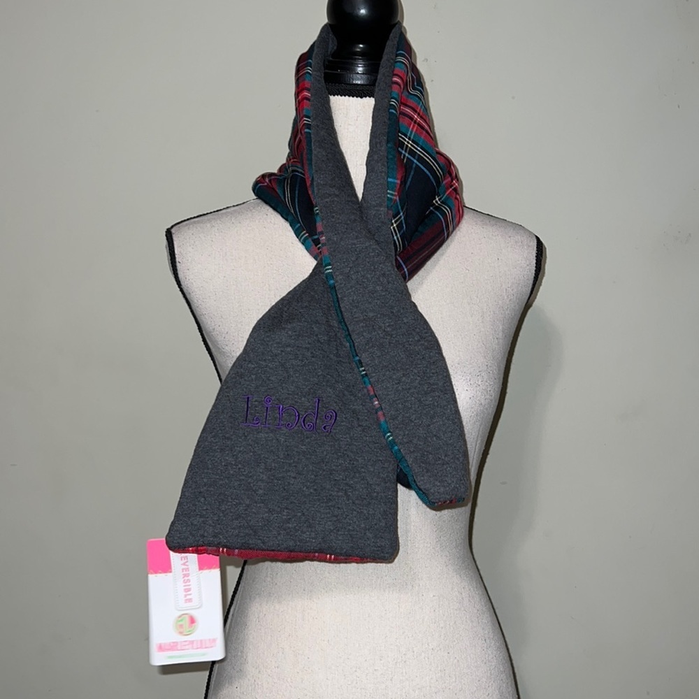 MARLEYLILLY reversible quilted scarf embroidered LINDA in scarf plaid and gray